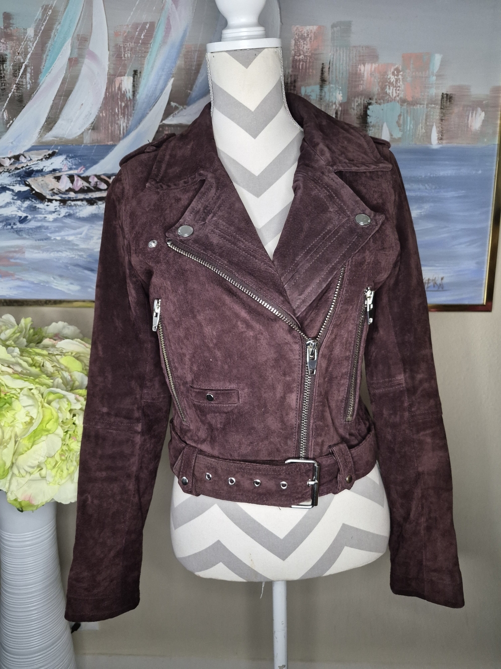 Blank NYC Maroon Plum Suede Moto Jacket with Belt